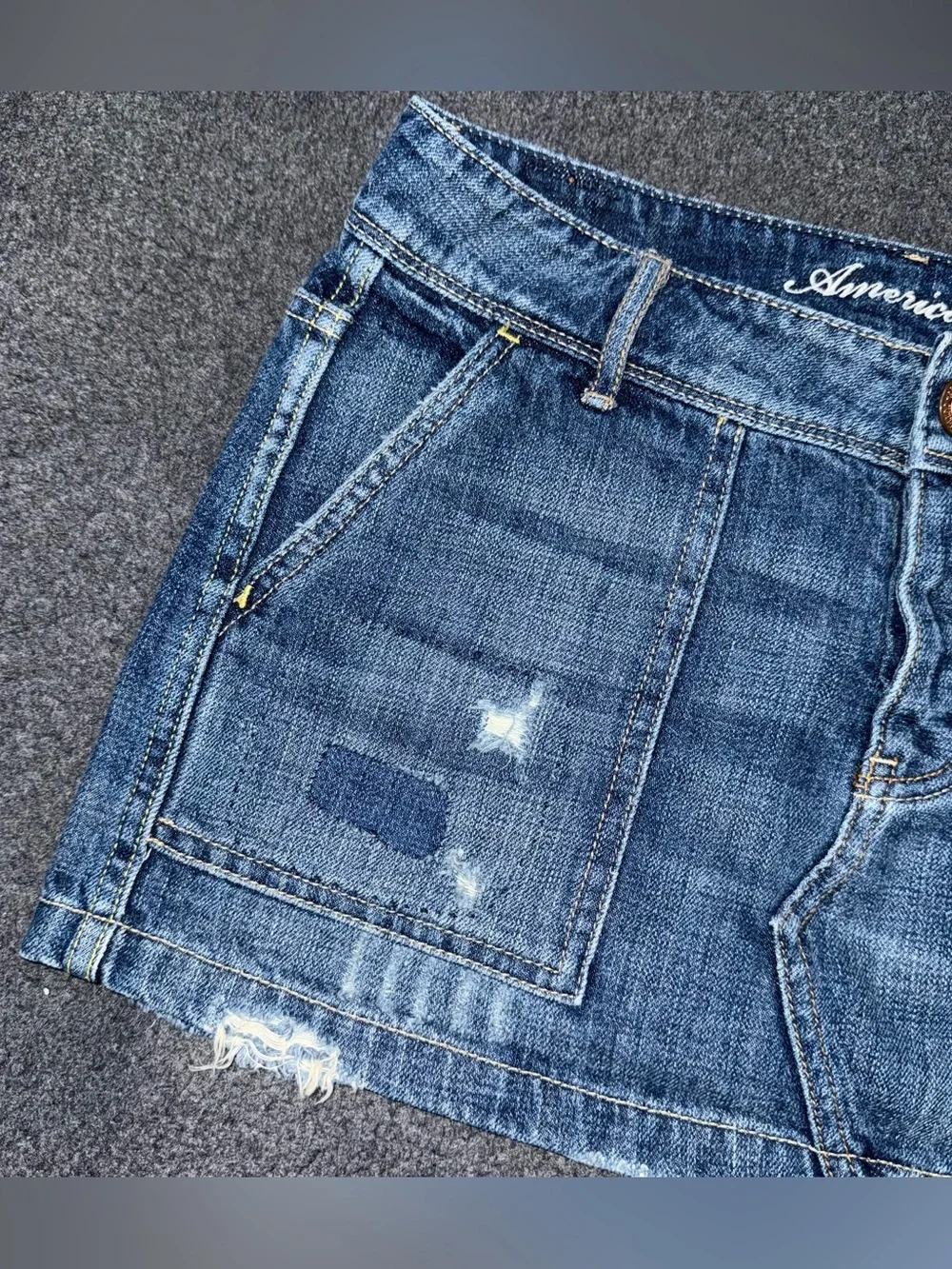 VTG Y2K American Eagle Low Rise Micro Mini Jean Skirt Distressed Denim Utility 2